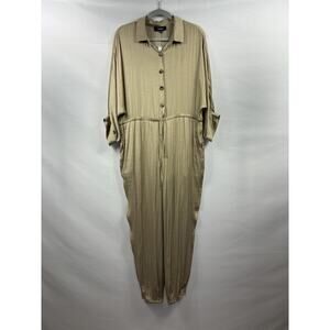 NWT Aakaa Vintage Gold Jumpsuit Khaki Shimmer Size Medium Satin Drawstring Waist